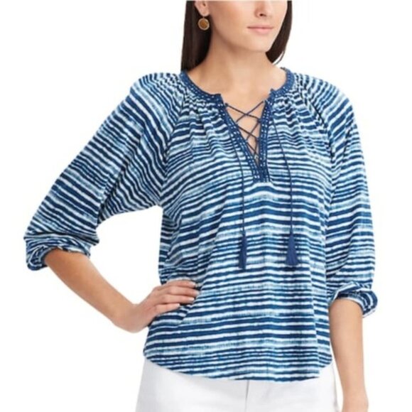Chaps Womens Blue White Striped Lace Up Elbow Sleeve Peasant Blouse Sz M NWT - Picture 1 of 6